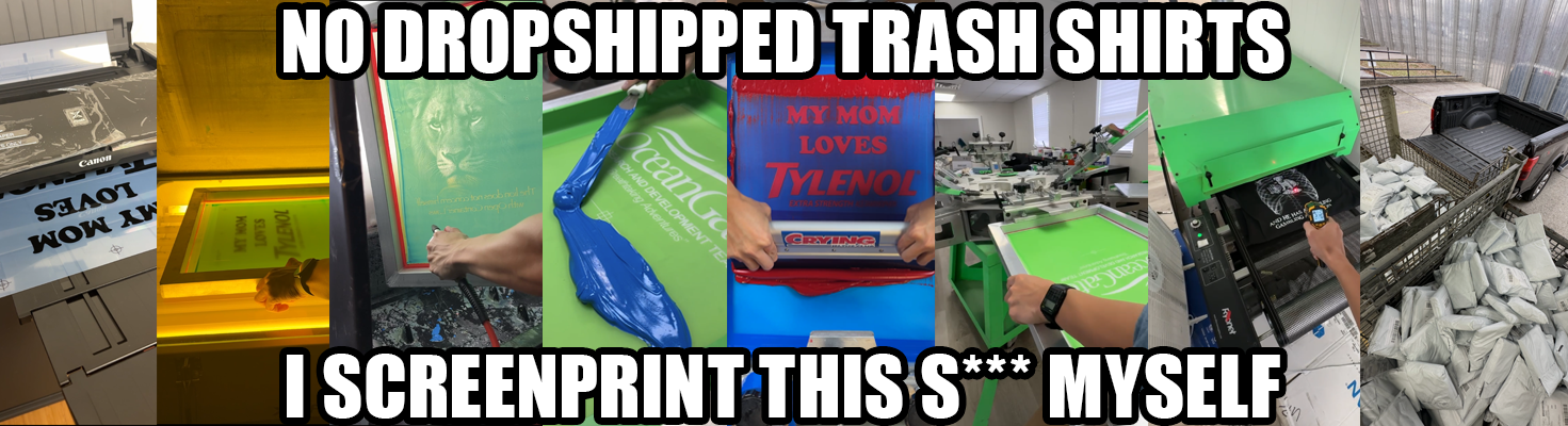Collage of screen printing process with text about no dropshipped trash shirts and screenprinting oneself.