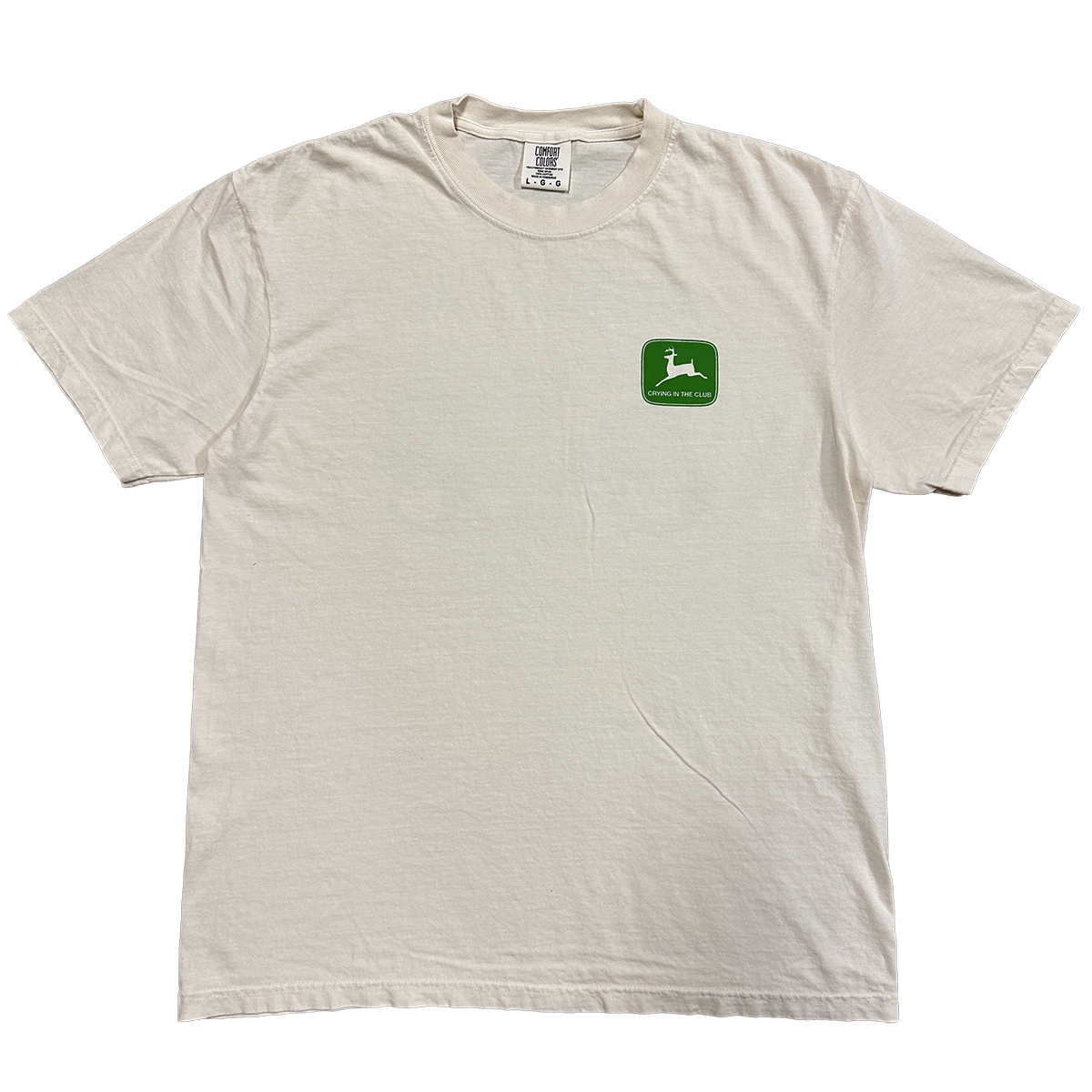 Beige t-shirt with a green logo on a white background crying in the club You cant get a DUI on a lawnmower design