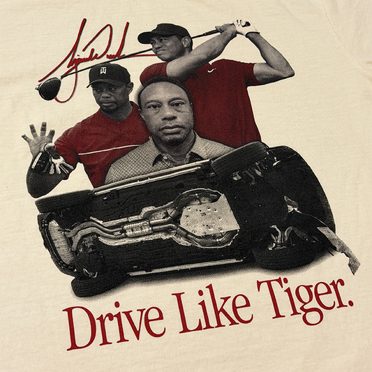 golfing pictures of tiger with an overturned crashed range rover from tiger's DUI 'Drive Like Tiger' on a beige background.