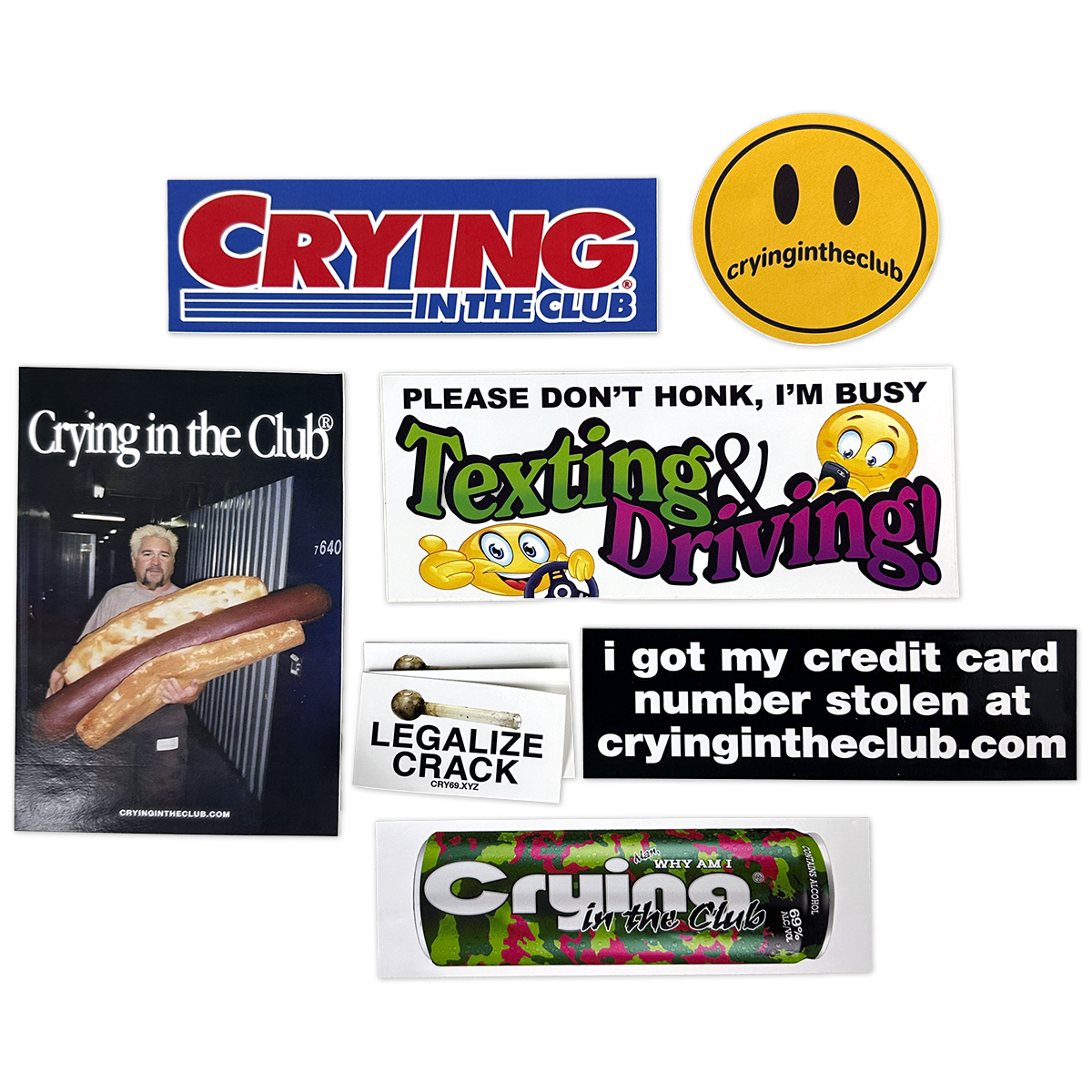 Collection of stickers with various designs and text, including 'Crying in the Club' and 'please don't honk i'm busy Texting & Driving'.