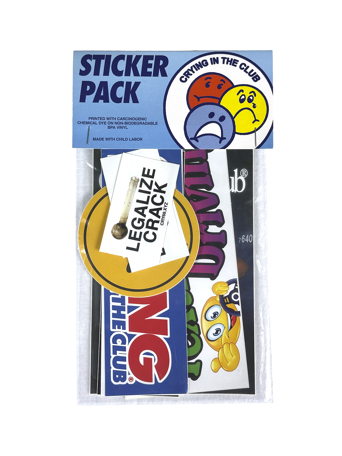 Sticker pack with colorful graphics and text on a white background, crying in the club shirts brand