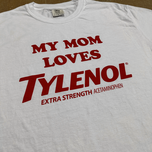 White t-shirt with red 'Tylenol' text on a brown background crying in the club tshirts