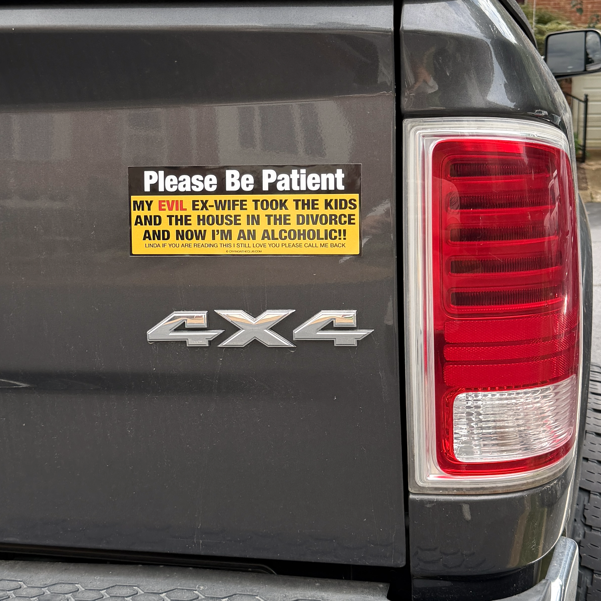 Please be patient my evil ex wife took the kids and the house in the divorce and now i'm an alcoholic yellow bumper sticker by crying in the club shirts 2