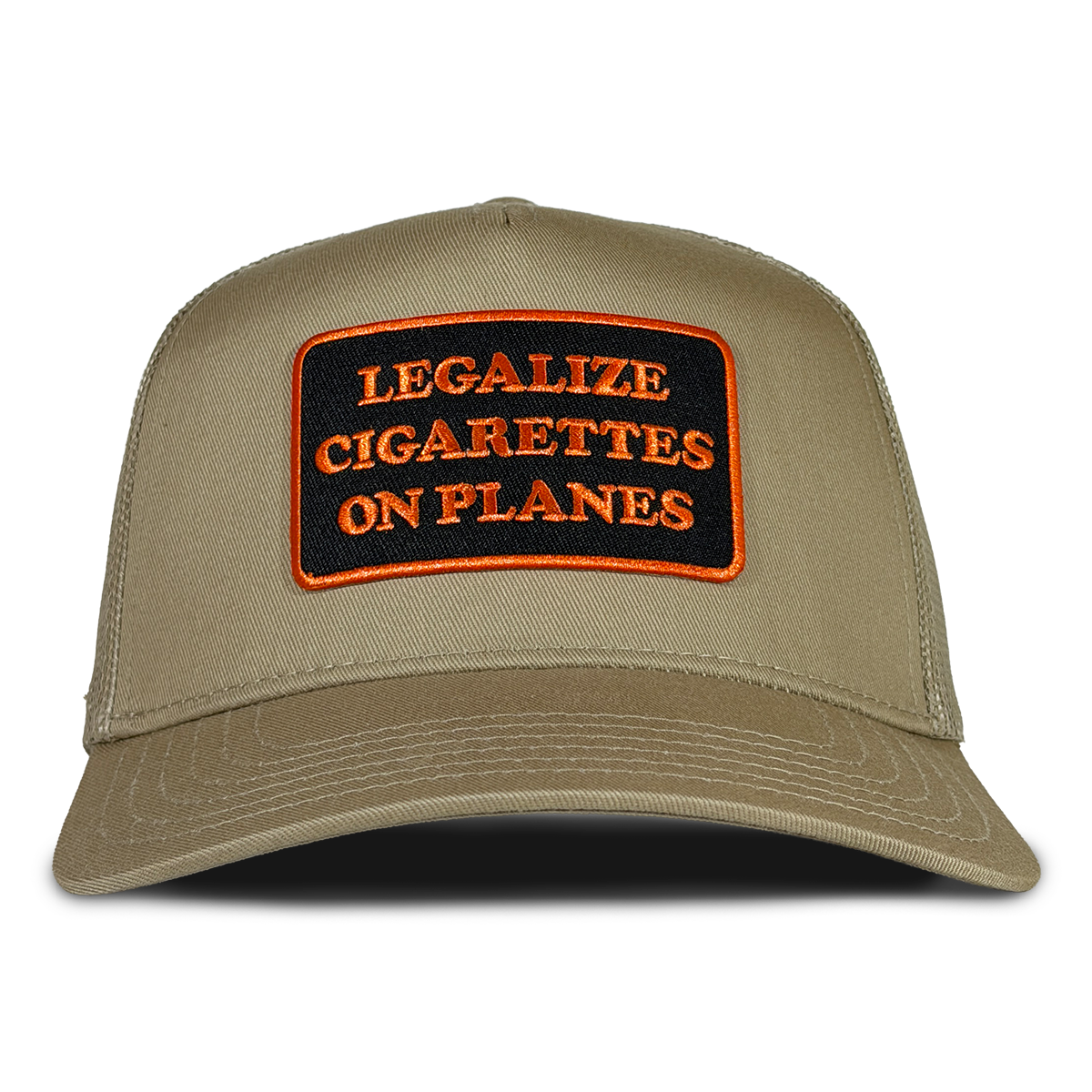 An olive green trucker-style cap with a rectangular black patch on the front that reads 'LEGALIZE CIGARETTES ON PLANES' in orange lettering with an orange border. Hat by Crying in the Club Shirts