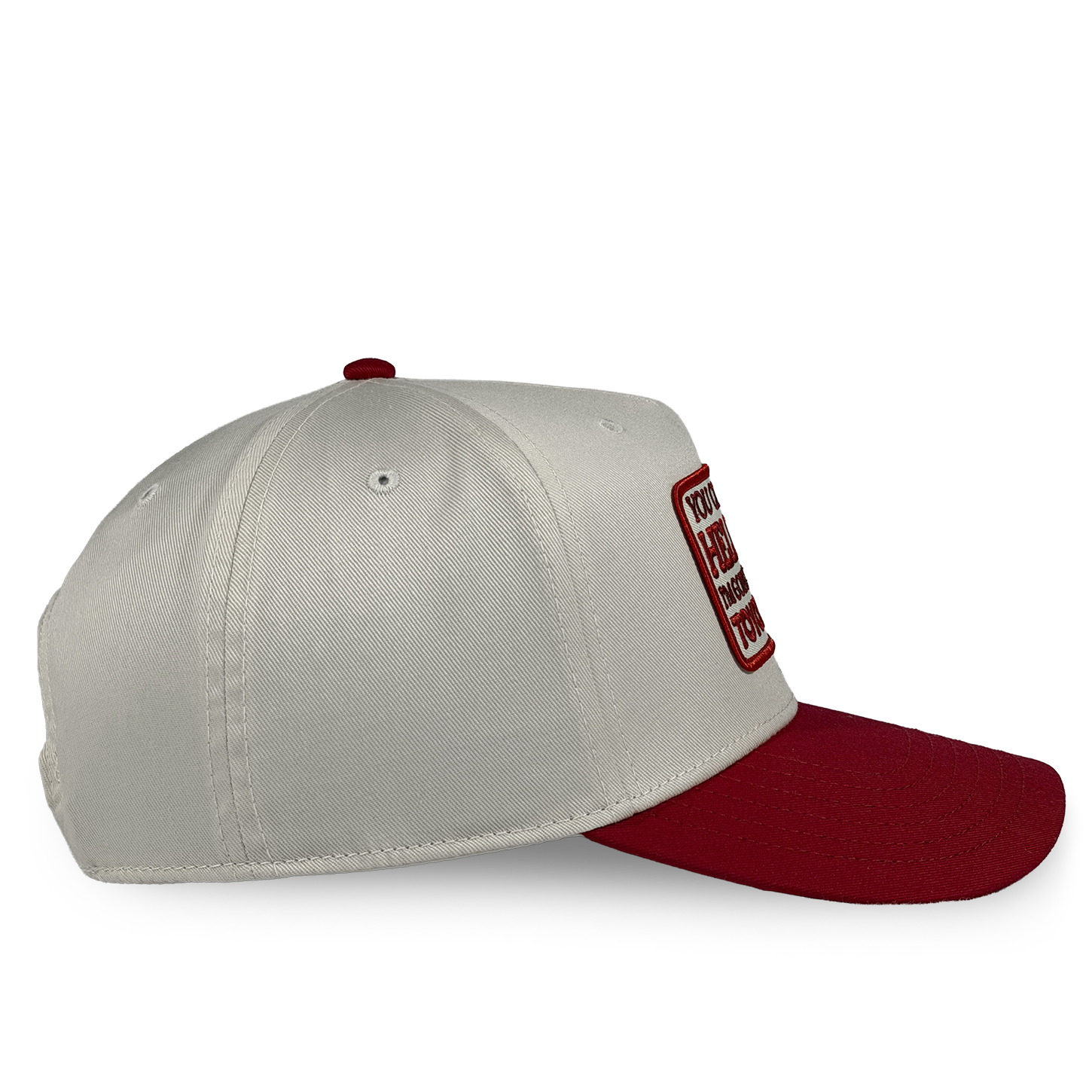 White cap with red brim and embroidered logo on a white background You can go to hell i'm going to toyotathon crying in the club shirts hat