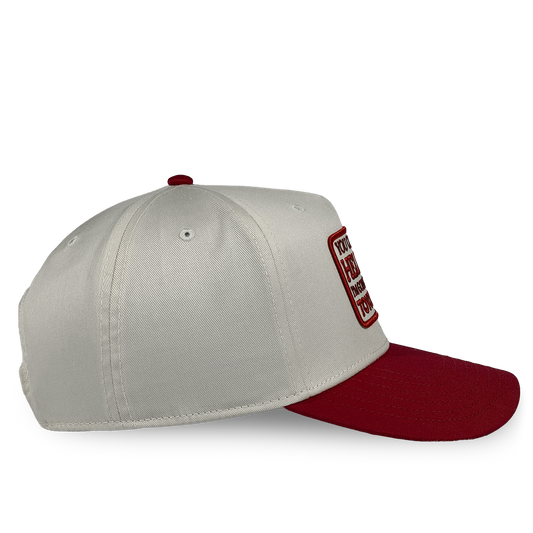 White cap with red brim and embroidered logo on a white background You can go to hell i'm going to toyotathon crying in the club shirts hat