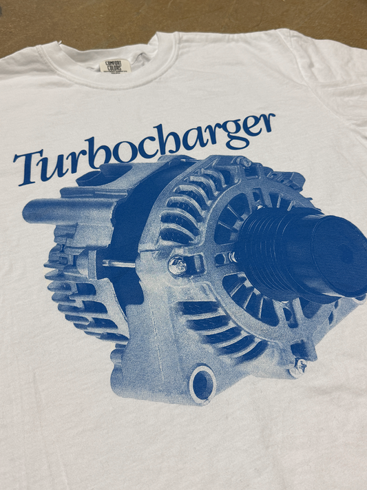 White t-shirt with blue alternator graphic and 'Turbocharger' text on a brown background