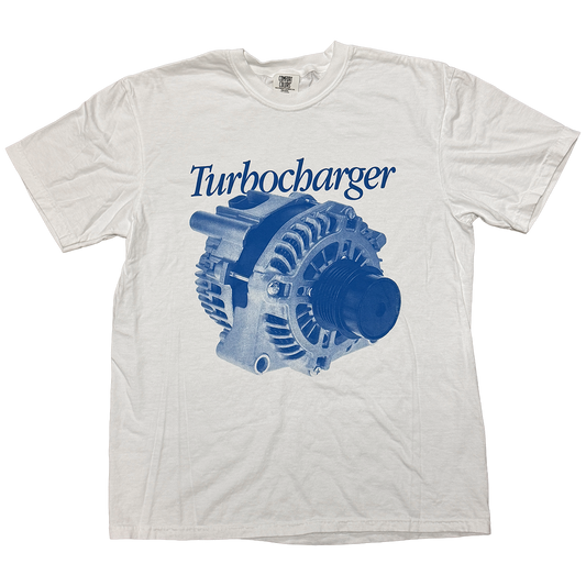 White t-shirt with blue alternator graphic and 'Turbocharger' text on a white background