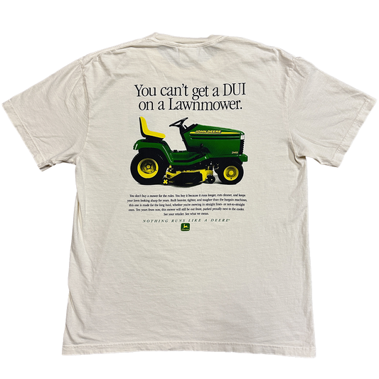 T-shirt with a graphic of a lawn mower and text on a white background. crying in the club You cant get a DUI on a lawnmower design
