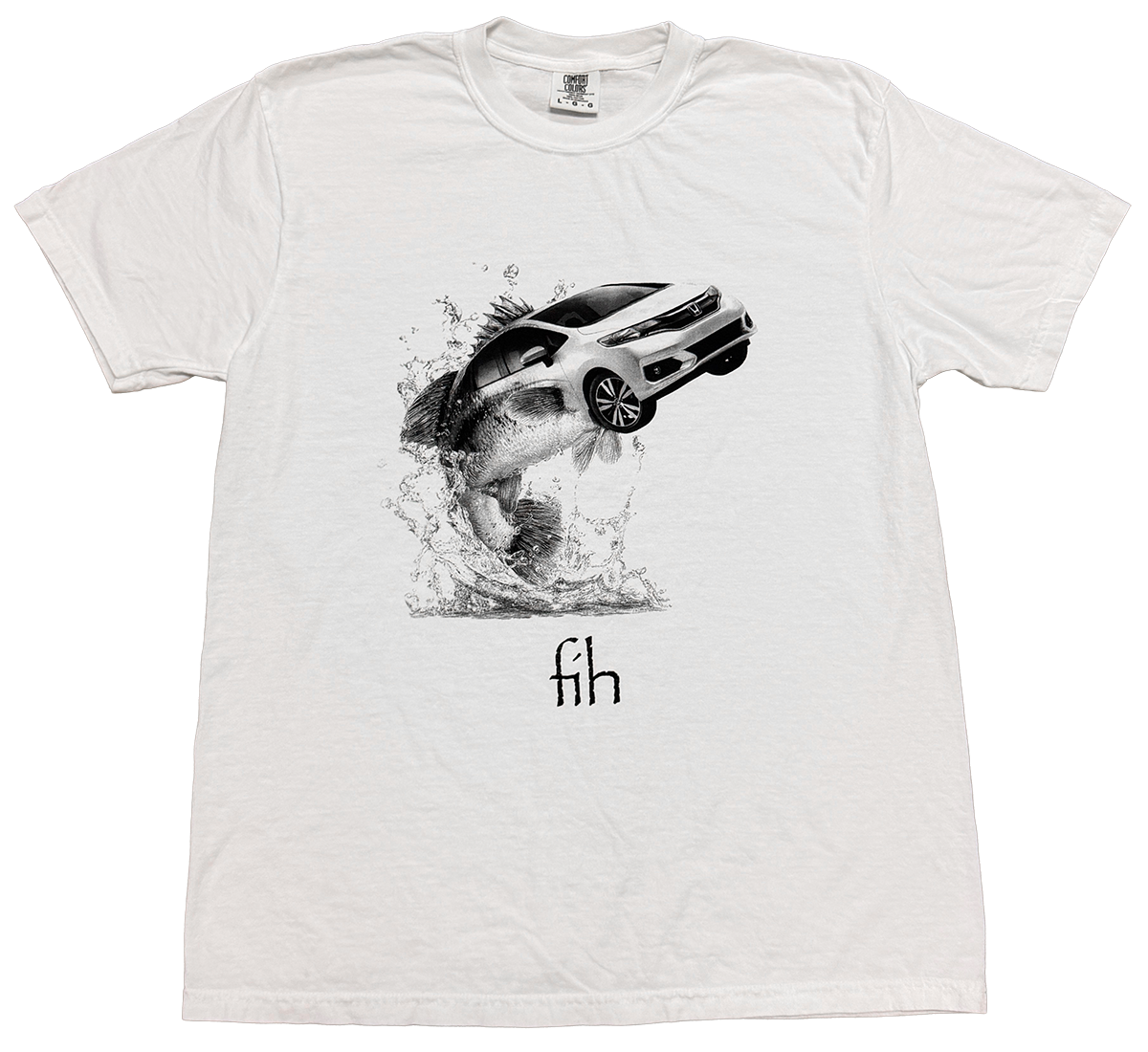 white tshirt with a screen print of what appears to be a honda fit car combined with a fish labeled "fih"