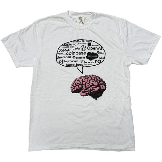White t-shirt with a graphic of a brain and speech bubble containing various logos on a white background