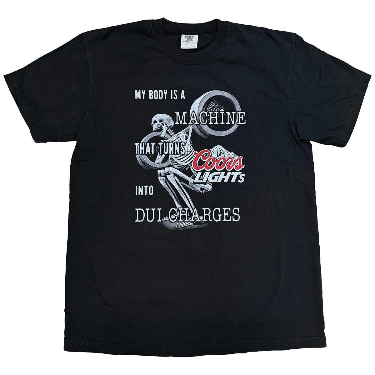 a black t-shirt with a design of a skeleton squatting labelled my body is a machine that turns beer into dui charges, humorous prank shirt cryingintheclub 69 2