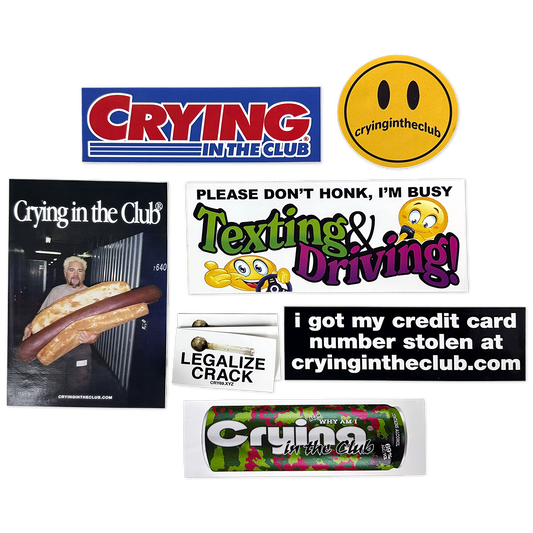 Collection of stickers with various designs and text, including 'Crying in the Club' and 'please don't honk i'm busy Texting & Driving'.