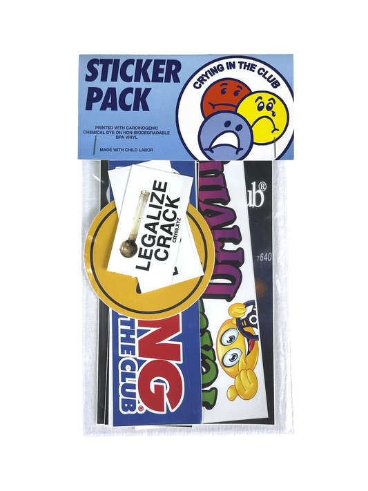 Sticker pack with colorful graphics and text on a white background, crying in the club shirts brand