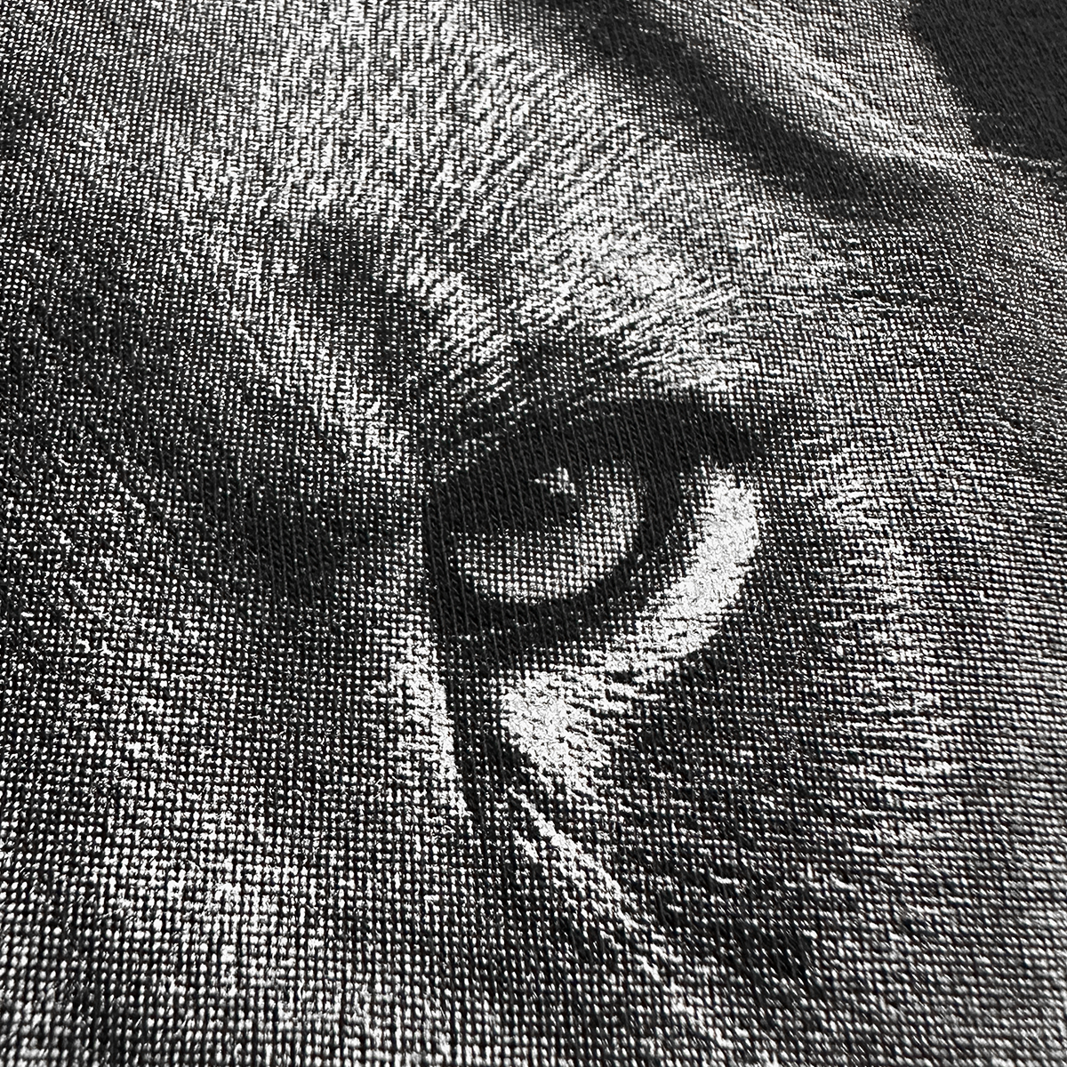 Close-up of a lion's eye with detailed halftone texture, screen printed shirt. "the lion does not concern himself with open container laws" shirt by crying in the club shirts